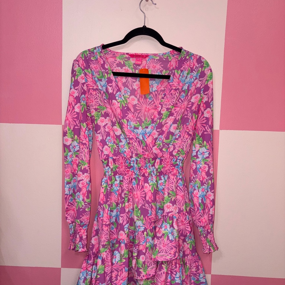 Lilly Pulitzer Pink Floral V-Neck Tiered Dress